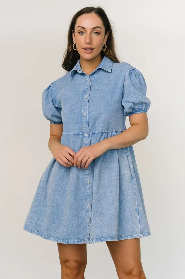 Women Fontana Puff Sleeve Short Dress Denim Blue Baltic Born Short Dresses Women Fontana Puff Sleeve Short Dress Denim Blue Baltic Born Short Dresses