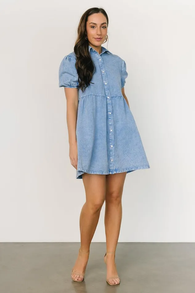 Women Fontana Puff Sleeve Short Dress Denim Blue Baltic Born Short Dresses Women Fontana Puff Sleeve Short Dress Denim Blue Baltic Born Short Dresses