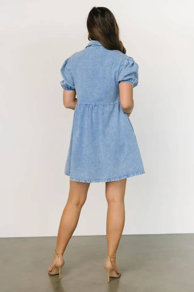 Women Fontana Puff Sleeve Short Dress Denim Blue Baltic Born Short Dresses Women Fontana Puff Sleeve Short Dress Denim Blue Baltic Born Short Dresses