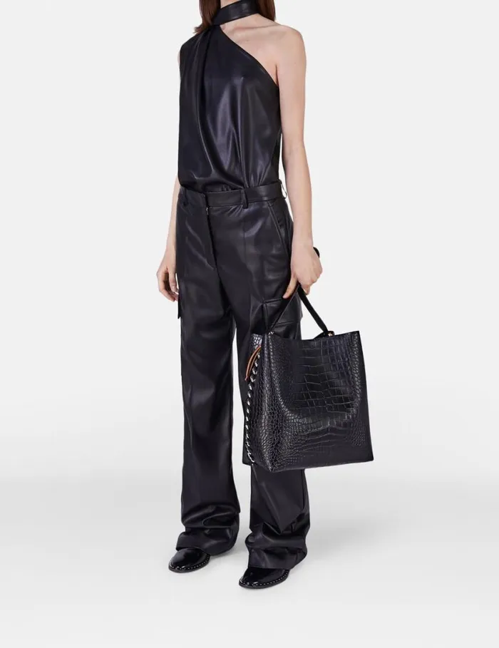 Women Frayme CrocEffect Embossed Tote Bag Black Stella McCartney Frayme Bag