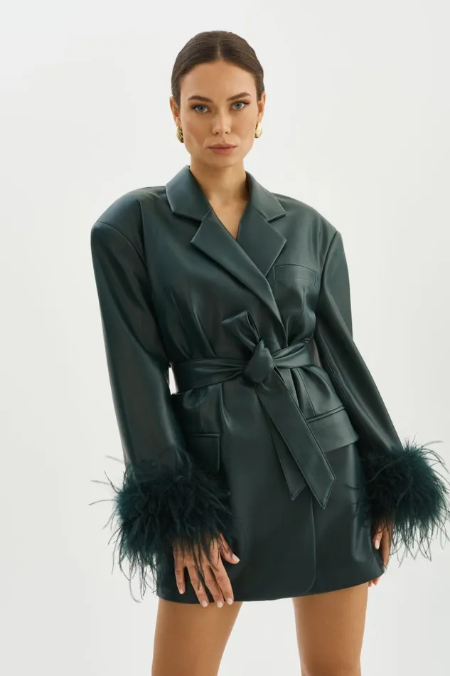 Women GALIA Feather Trim Blazer Dark Jade LAMARQUE Dresses Women GALIA Feather Trim Blazer Dark Jade LAMARQUE Dresses
