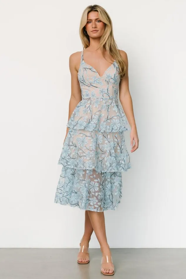 Women Giavanna Tiered Midi Dress Dusty Blue Baltic Born Tulle Styles
