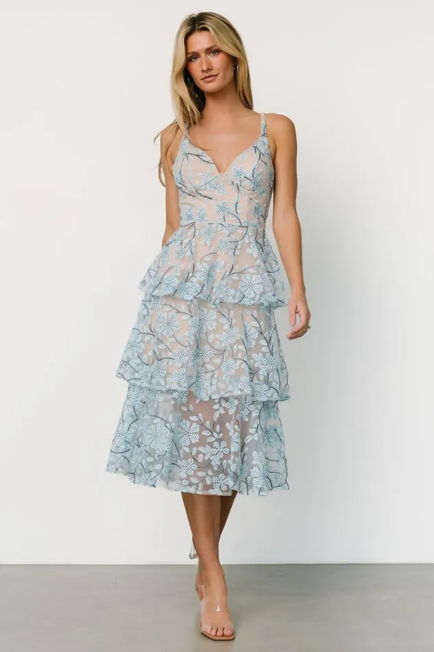 Women Giavanna Tiered Midi Dress Dusty Blue Baltic Born Tulle Styles