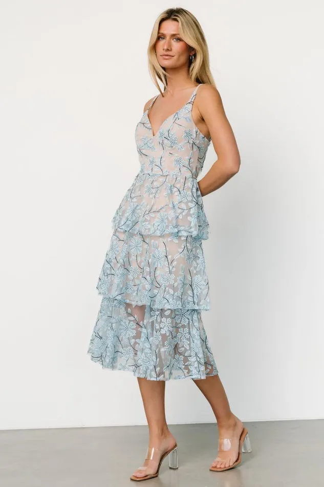 Women Giavanna Tiered Midi Dress Dusty Blue Baltic Born Tulle Styles