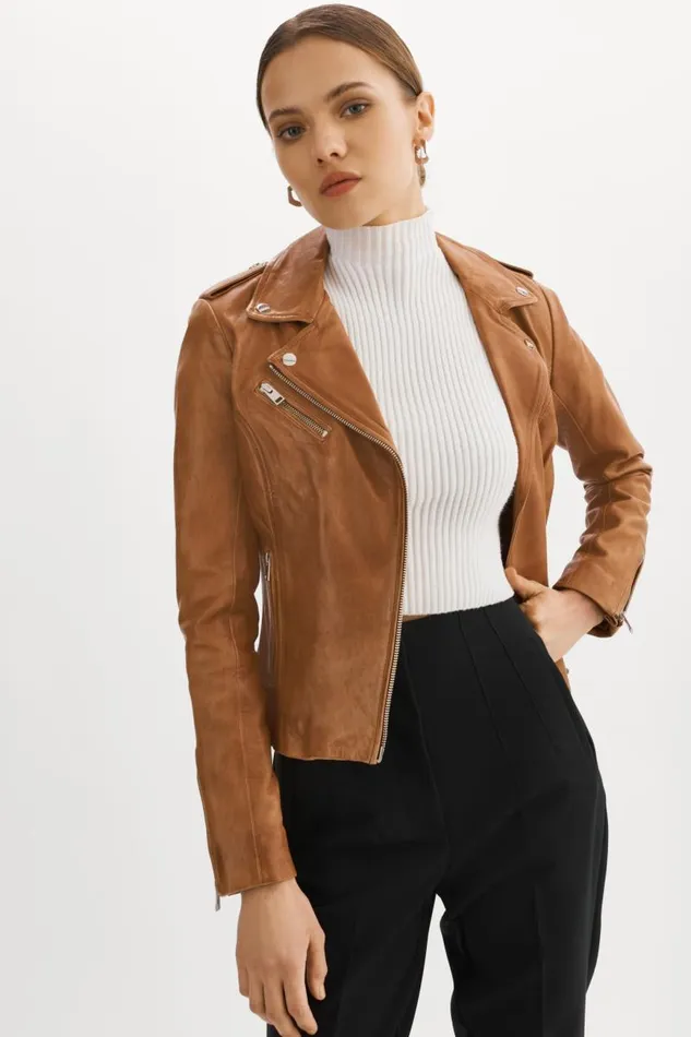 Women HARPER Fitted Leather Biker Jacket Luggage LAMARQUE Leather Jackets