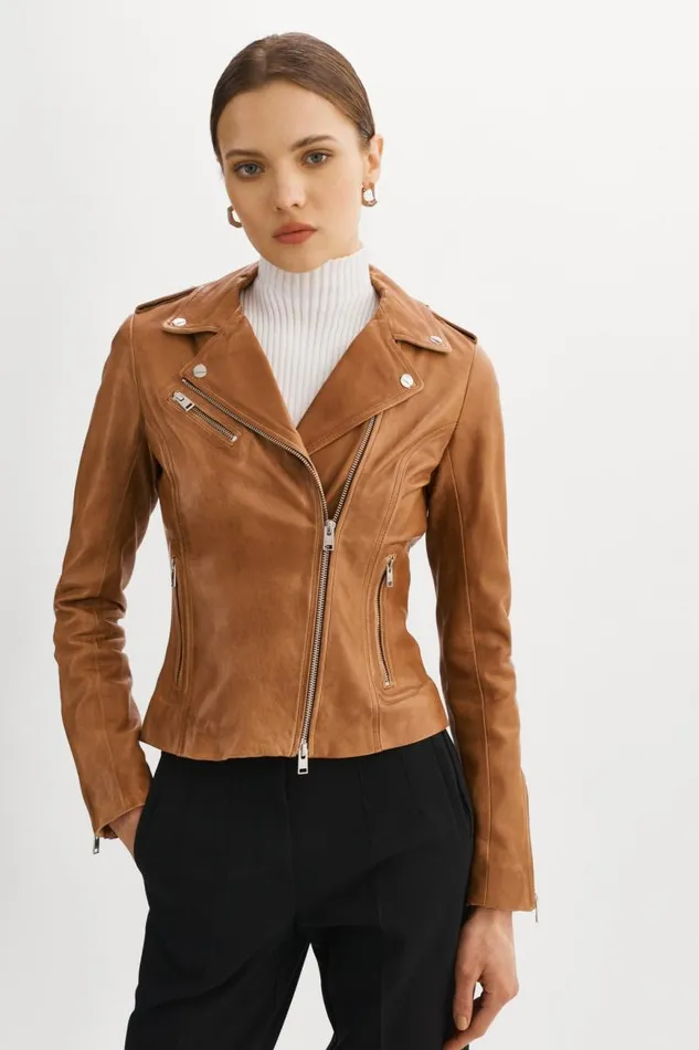 Women HARPER Fitted Leather Biker Jacket Luggage LAMARQUE Leather Jackets