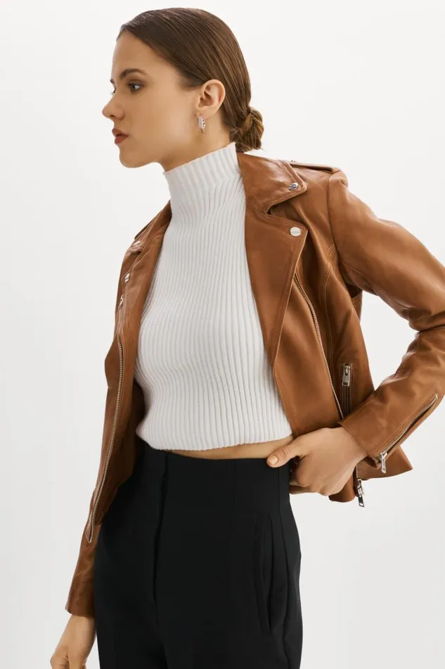 Women HARPER Fitted Leather Biker Jacket Luggage LAMARQUE Leather Jackets