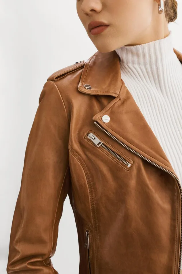 Women HARPER Fitted Leather Biker Jacket Luggage LAMARQUE Leather Jackets