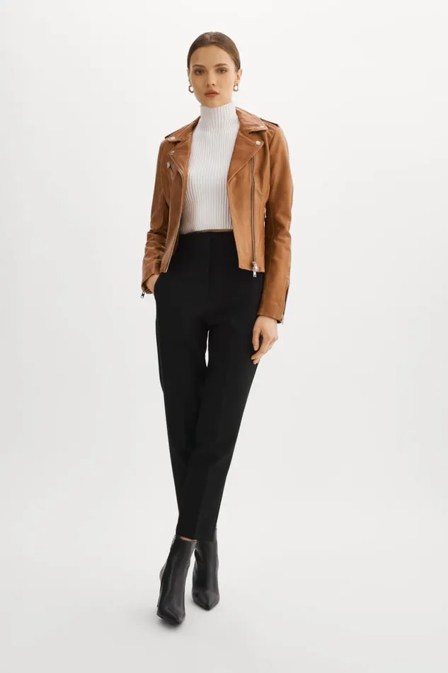 Women HARPER Fitted Leather Biker Jacket Luggage LAMARQUE Leather Jackets