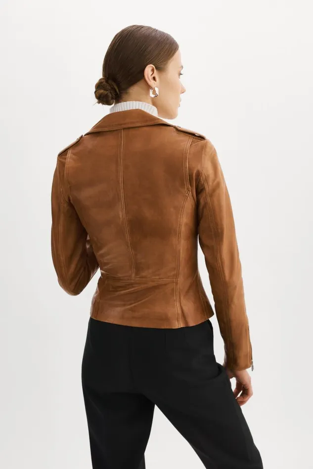 Women HARPER Fitted Leather Biker Jacket Luggage LAMARQUE Leather Jackets