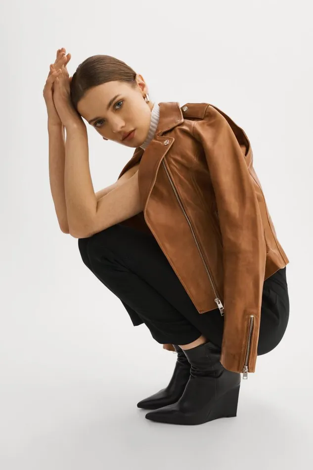 Women HARPER Fitted Leather Biker Jacket Luggage LAMARQUE Leather Jackets