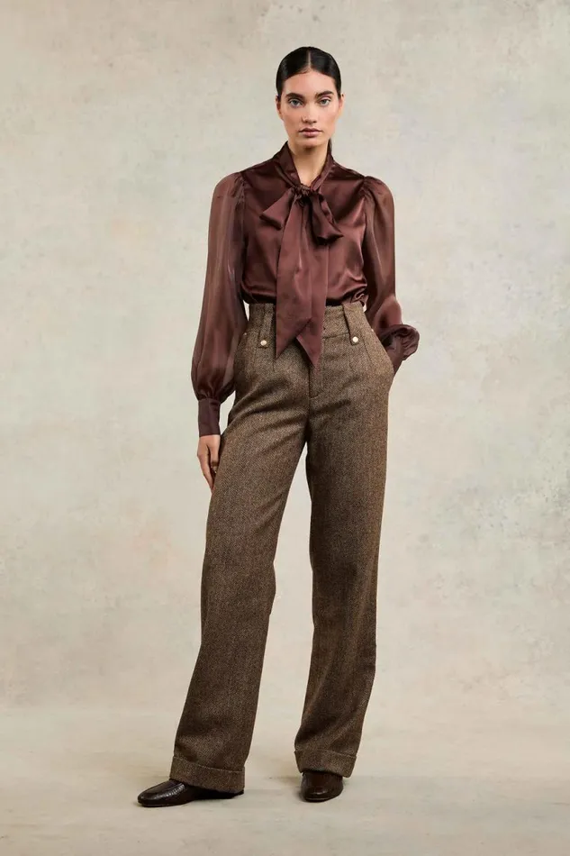 Women High Waisted Wide Leg Trouser Large Scale Brown Herringbone Holland Cooper Trousers Women High Waisted Wide Leg Trouser Large Scale Brown Herringbone Holland Cooper Trousers