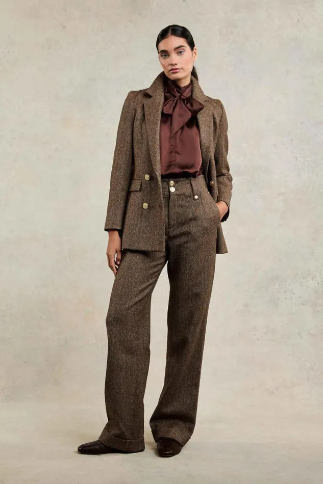 Women High Waisted Wide Leg Trouser Large Scale Brown Herringbone Holland Cooper Trousers Women High Waisted Wide Leg Trouser Large Scale Brown Herringbone Holland Cooper Trousers