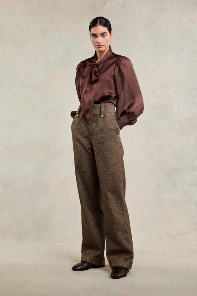 Women High Waisted Wide Leg Trouser Large Scale Brown Herringbone Holland Cooper Trousers Women High Waisted Wide Leg Trouser Large Scale Brown Herringbone Holland Cooper Trousers