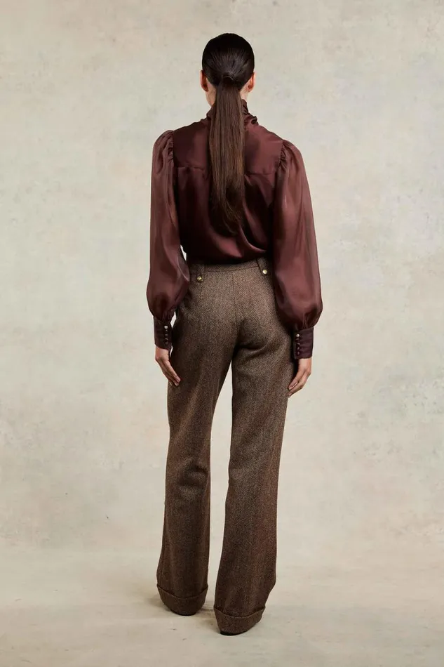 Women High Waisted Wide Leg Trouser Large Scale Brown Herringbone Holland Cooper Trousers Women High Waisted Wide Leg Trouser Large Scale Brown Herringbone Holland Cooper Trousers
