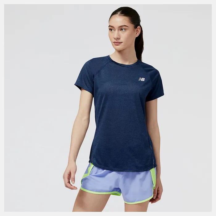 Women Impact Run Short Sleeve Natural Indigo Heather New Balance Shirts