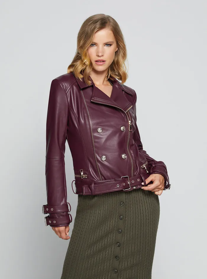 Women Jackets and Coats GUESS Wine Olivia Moto Jacket