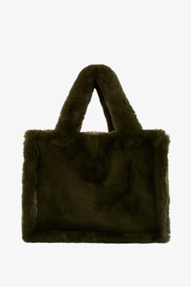 Women JADE Faux Fur Tote Bag Dark Olive LAMARQUE Bags
