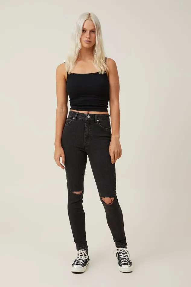 Women Jeans Cotton On High Rise Skinny Jean Graphite Black Rip