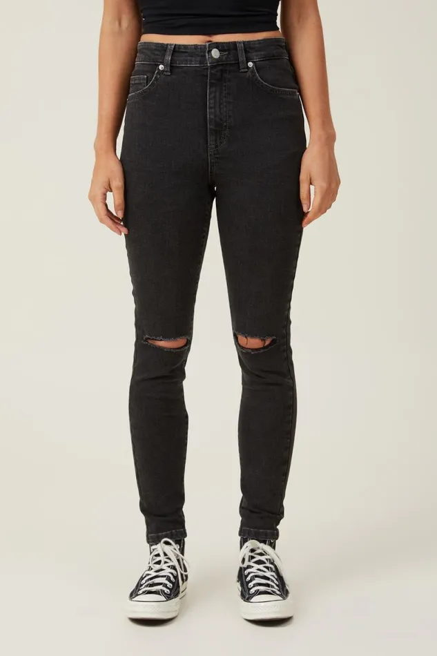 Women Jeans Cotton On High Rise Skinny Jean Graphite Black Rip