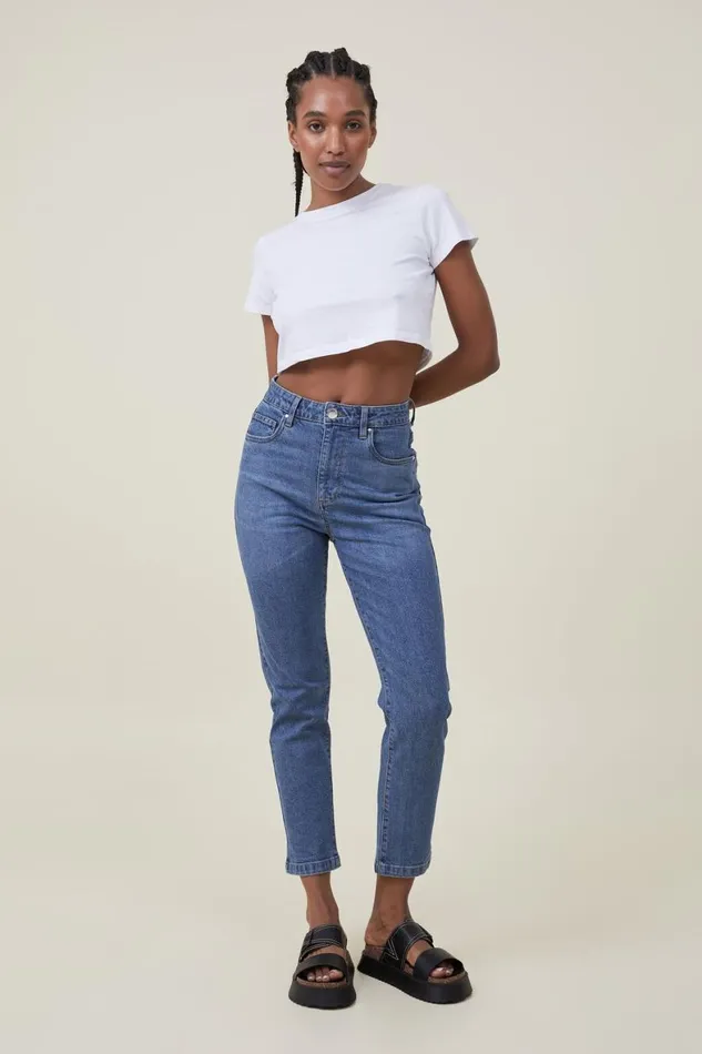 Women Jeans Cotton On Stretch Mom Jean Misty Blue