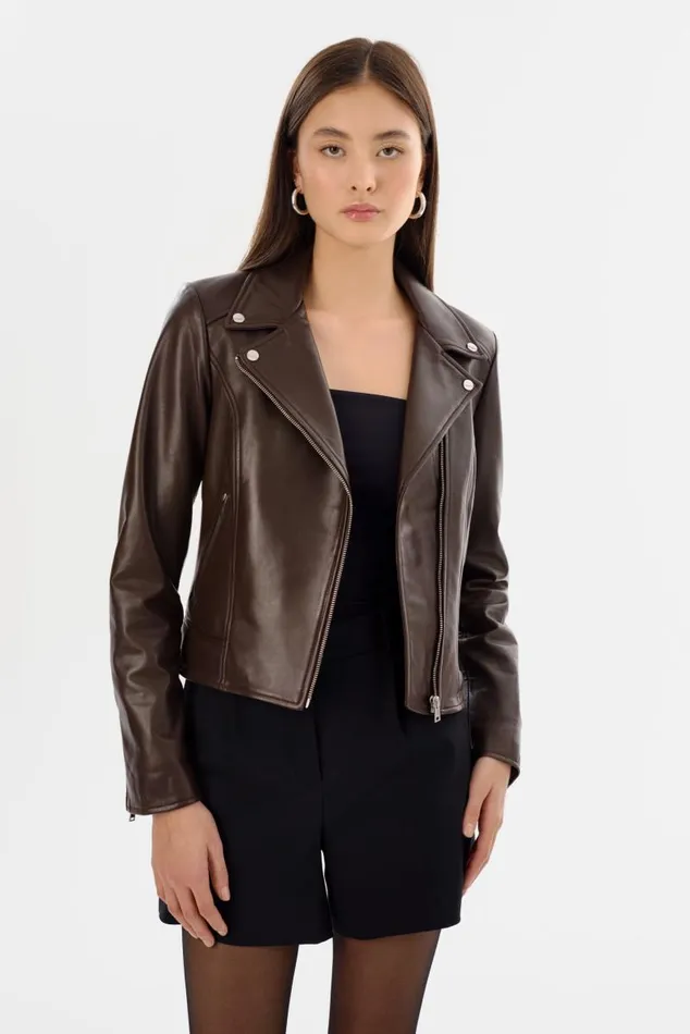Women KELSEY Leather Biker Jacket Dark Brown LAMARQUE Leather Jackets