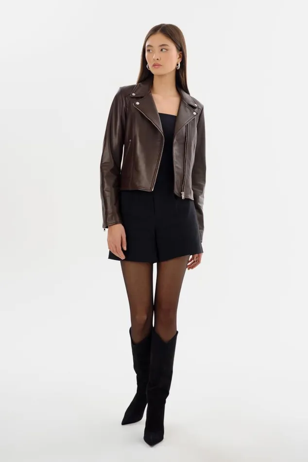Women KELSEY Leather Biker Jacket Dark Brown LAMARQUE Leather Jackets