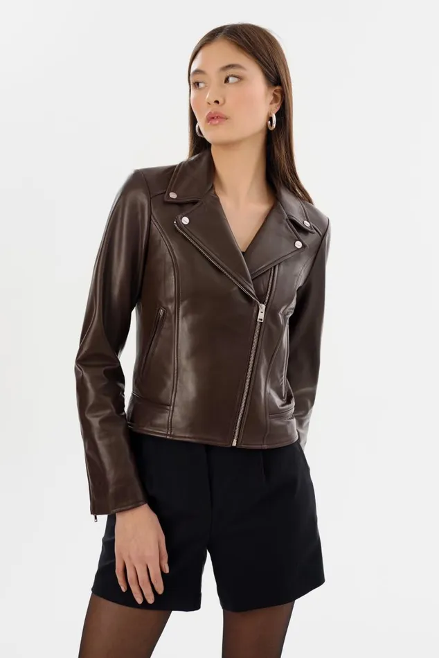 Women KELSEY Leather Biker Jacket Dark Brown LAMARQUE Leather Jackets