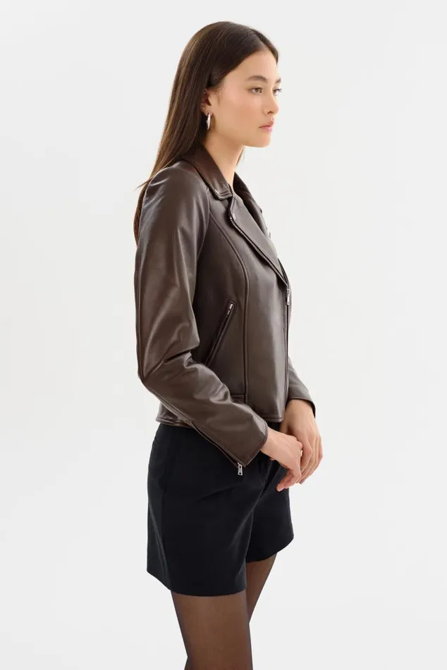 Women KELSEY Leather Biker Jacket Dark Brown LAMARQUE Leather Jackets