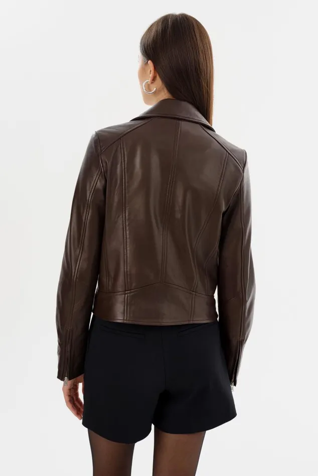 Women KELSEY Leather Biker Jacket Dark Brown LAMARQUE Leather Jackets