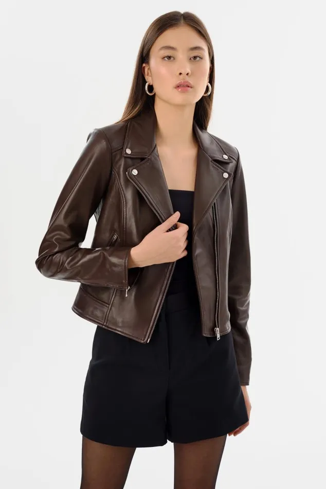 Women KELSEY Leather Biker Jacket Dark Brown LAMARQUE Leather Jackets