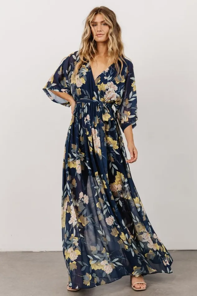 Women Kia Kimono Maxi Dress Navy Floral Baltic Born The Guest Edit