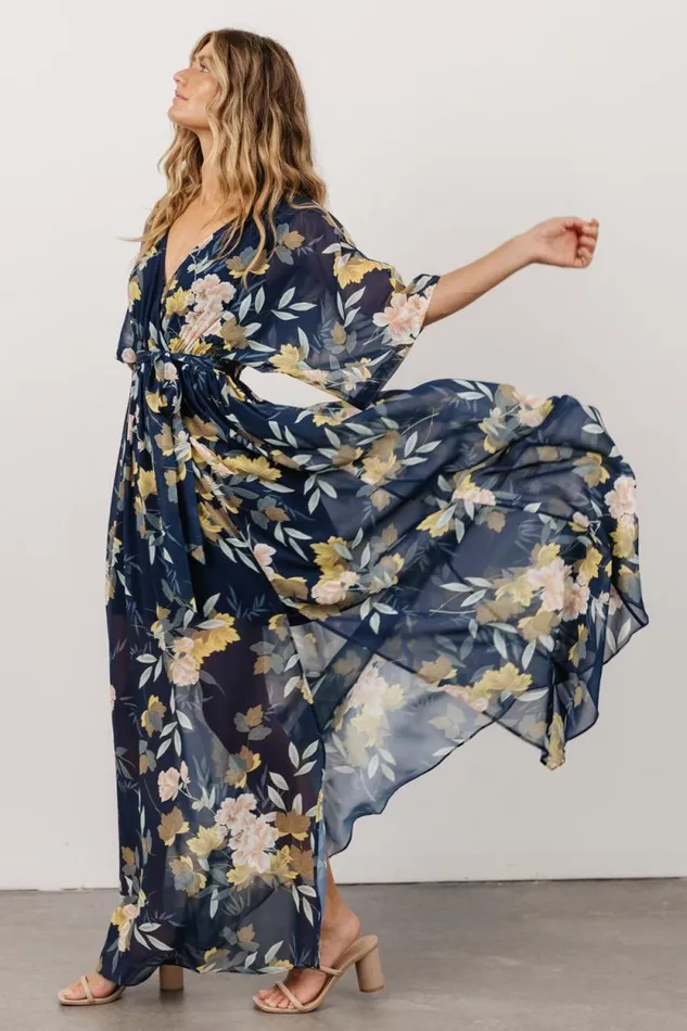 Women Kia Kimono Maxi Dress Navy Floral Baltic Born The Guest Edit