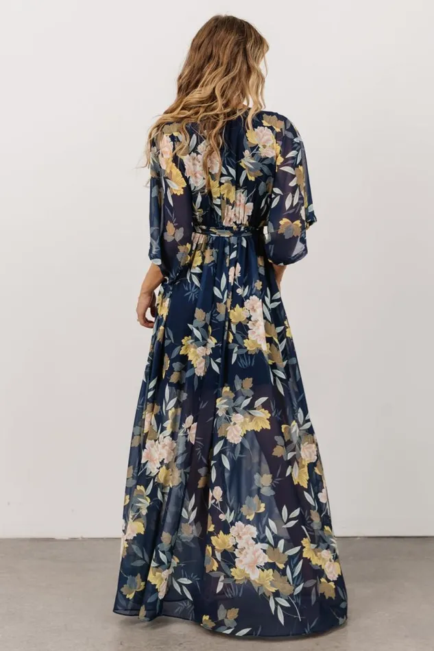 Women Kia Kimono Maxi Dress Navy Floral Baltic Born The Guest Edit