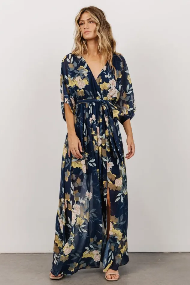 Women Kia Kimono Maxi Dress Navy Floral Baltic Born The Guest Edit