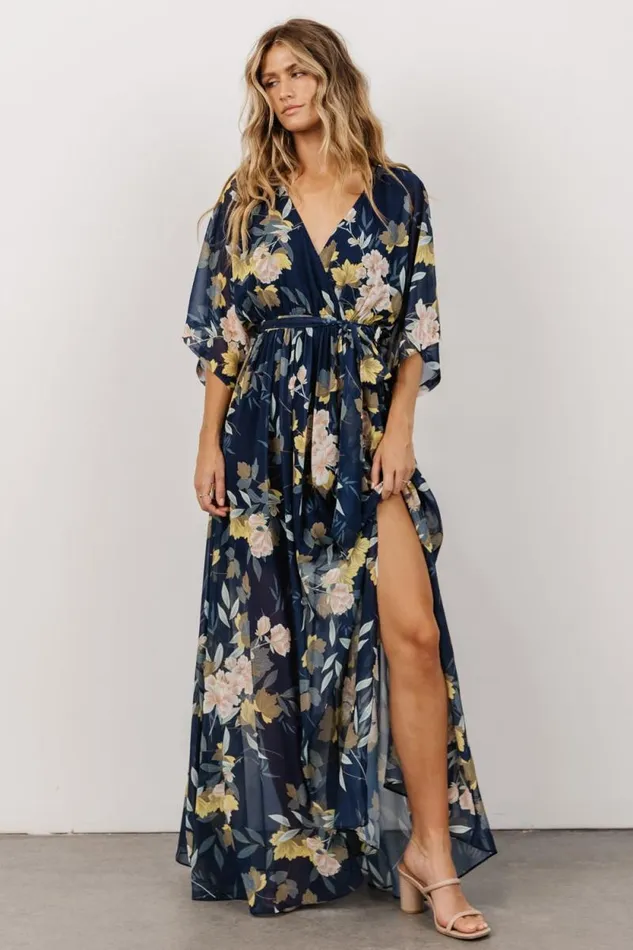 Women Kia Kimono Maxi Dress Navy Floral Baltic Born The Guest Edit
