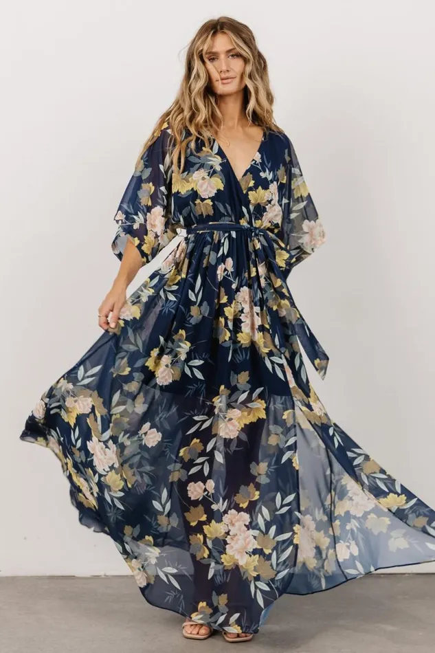 Women Kia Kimono Maxi Dress Navy Floral Baltic Born The Guest Edit