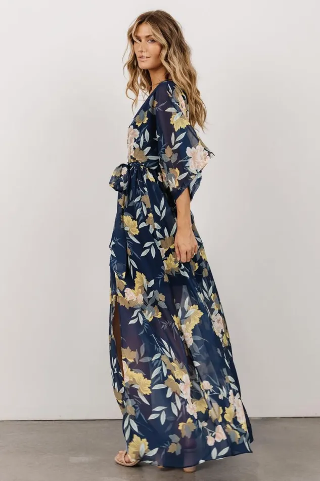 Women Kia Kimono Maxi Dress Navy Floral Baltic Born The Guest Edit