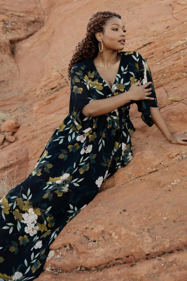 Women Kia Kimono Maxi Dress Navy Floral Baltic Born The Guest Edit
