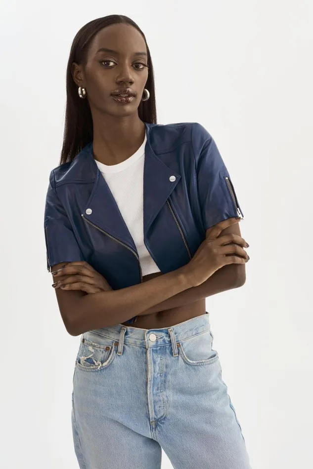 Women KIRSI Cropped Biker Jacket Aegean Blue LAMARQUE Leather Jackets