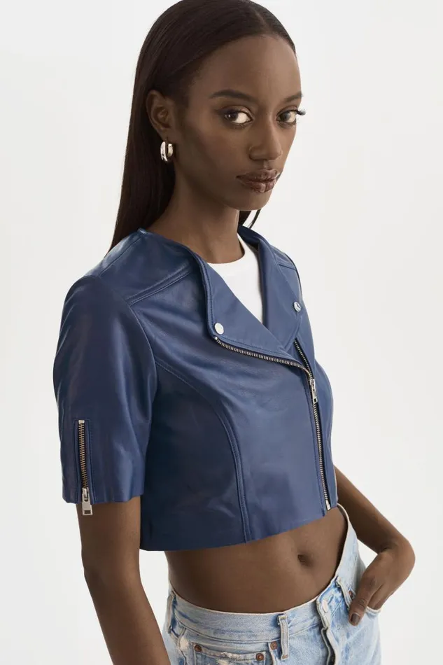Women KIRSI Cropped Biker Jacket Aegean Blue LAMARQUE Leather Jackets