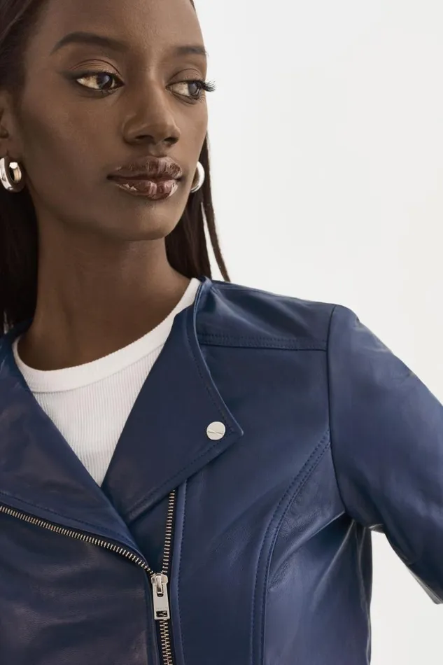 Women KIRSI Cropped Biker Jacket Aegean Blue LAMARQUE Leather Jackets