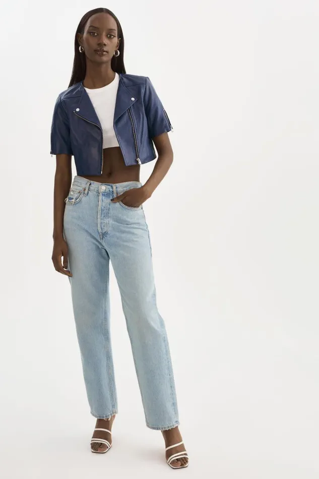 Women KIRSI Cropped Biker Jacket Aegean Blue LAMARQUE Leather Jackets