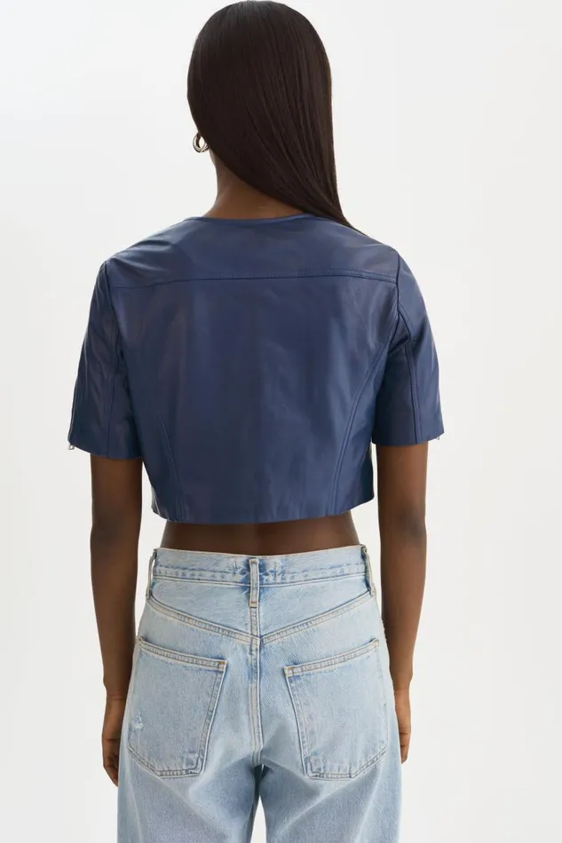 Women KIRSI Cropped Biker Jacket Aegean Blue LAMARQUE Leather Jackets