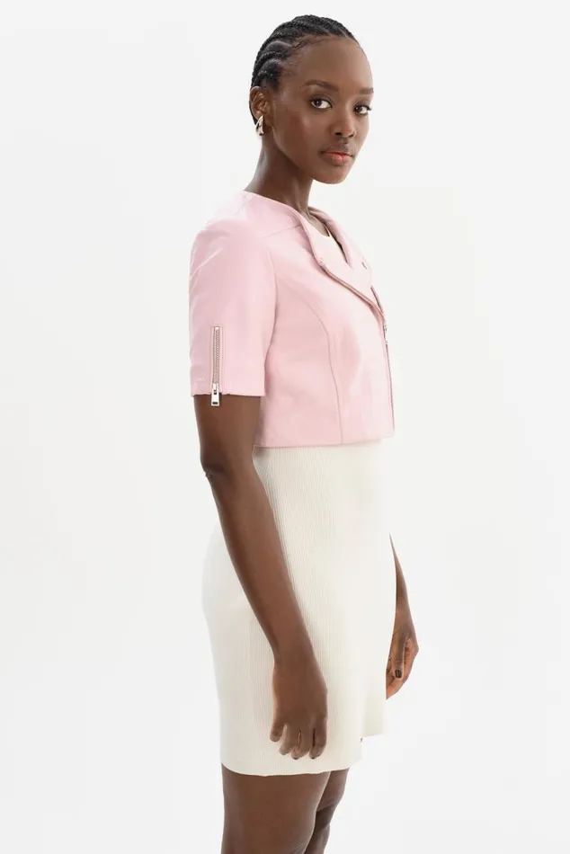 Women KIRSI Cropped Biker Jacket Ballerina Pink LAMARQUE Leather Jackets