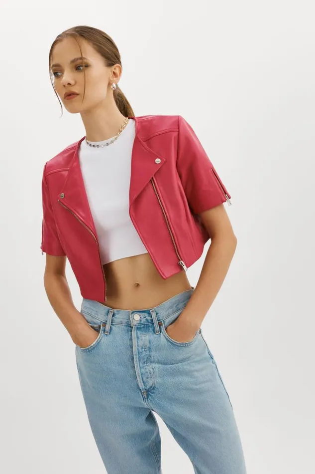 Women KIRSI Cropped Biker Jacket Berry LAMARQUE Leather Jackets