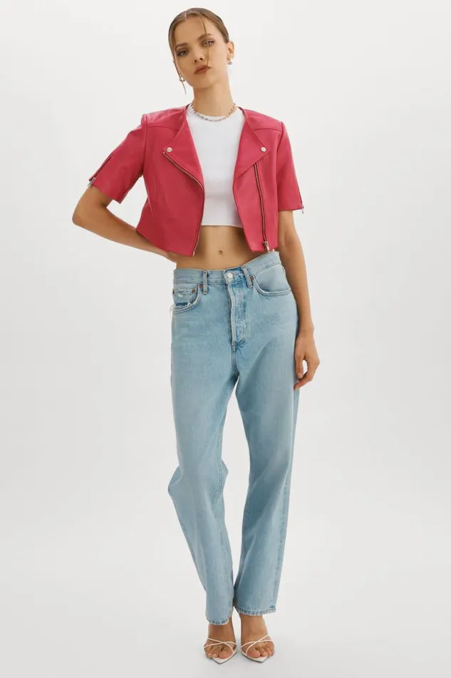 Women KIRSI Cropped Biker Jacket Berry LAMARQUE Leather Jackets