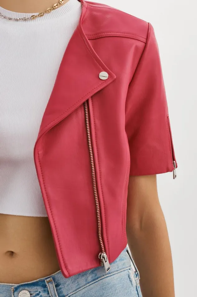 Women KIRSI Cropped Biker Jacket Berry LAMARQUE Leather Jackets