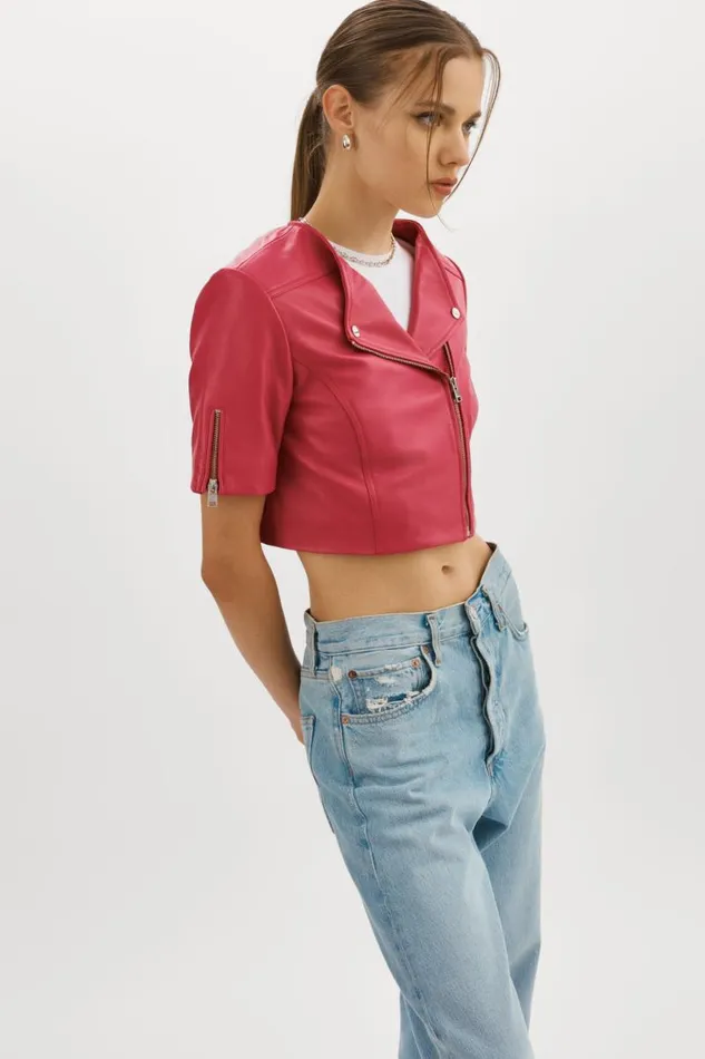 Women KIRSI Cropped Biker Jacket Berry LAMARQUE Leather Jackets
