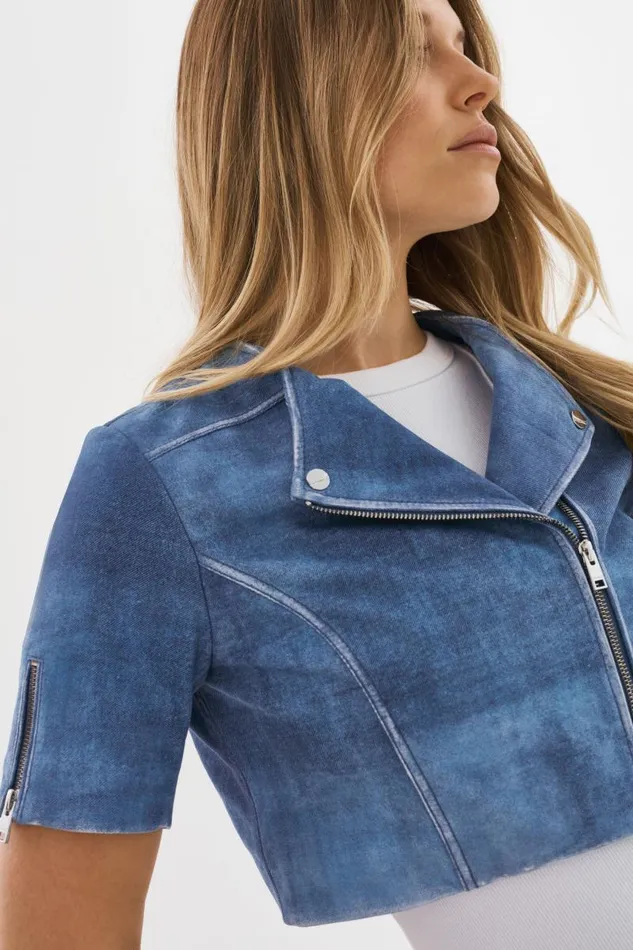Women KIRSI Cropped Biker Jacket Distressed Indigo LAMARQUE Short Sleeve Jackets